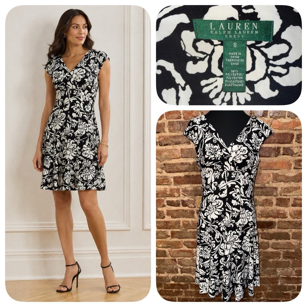 Lauren By Ralph Lauren Black & White Y2K Style Dress Empire Waist Stretch Sz 8